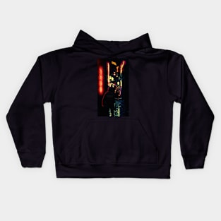 A cyberpunk city night alley. A policeman and a samurai.  Tension... Conflict cannot be avoided. Kids Hoodie